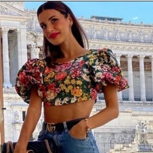 Zara Floral Print Puff Sleeve Crop Top Small Multicolor Pullover Smocked Back